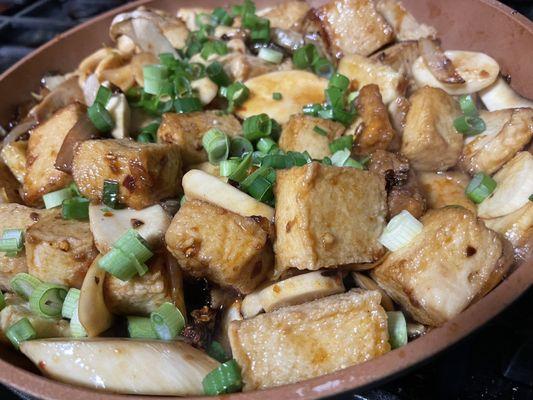 Pan fried fish tofu in Sichuan seasonings