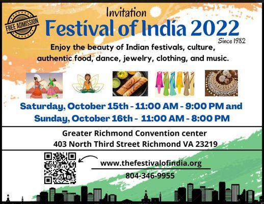 Welcome to Festival of India Richmond - 2022.
 Admission Free
 Open to All