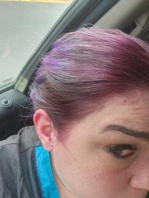 You can see my normal purple. My roots were grey. All he had to do was out a demi on it and done. You can also see still the grey