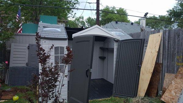 Unfinished shed, left this way. Rickey Wilson will not come back to finish it. Gini Buckley will not offer any alternative solutions.