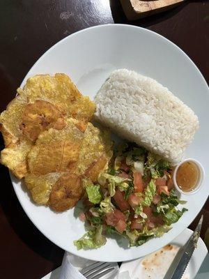 Tostones rice and salad