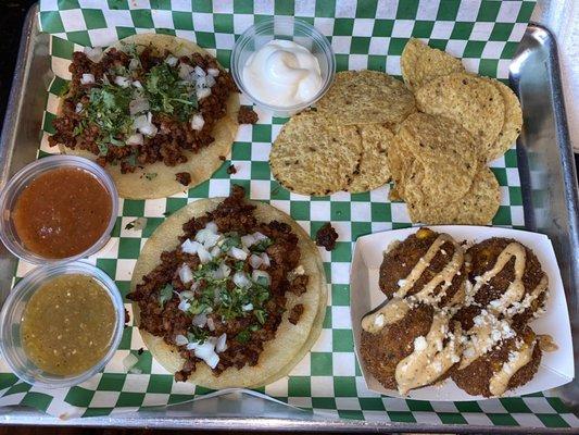 Bob's Taco w/ Soy chorizo, Elote fritters