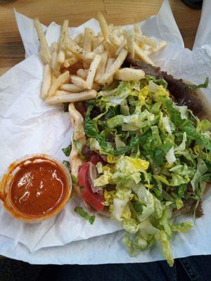 Beef/lamb gyro, fries and hot sauce