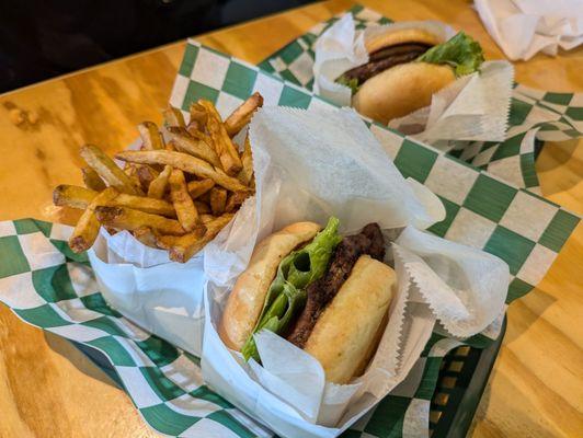 Single busy burger with fries