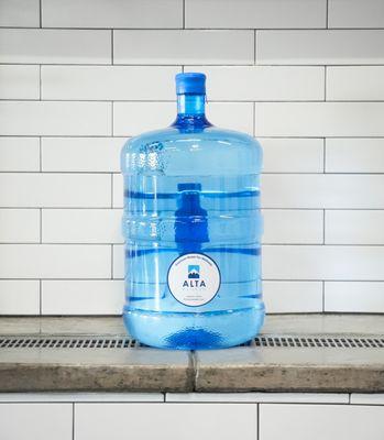 5-gallon BPA plastic free bottle filled with alkaline water.