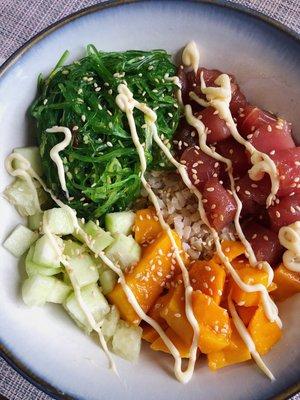 Homemade Tuna Poke Bowl- Tuna cubes & Seaweed salad is from Fish On Dish