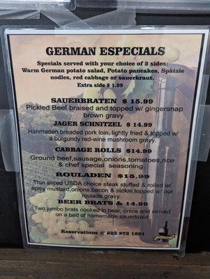 German food menu - Tuesdays only