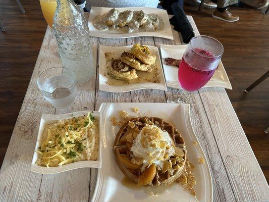 Peach cobbler waffle, biscuits and gravy