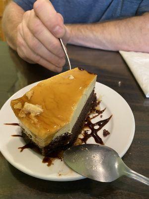 Delicious and moist chocolate cake topped with a creamy flan.