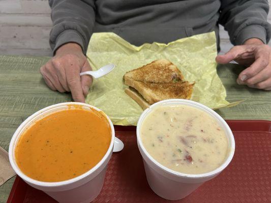 Tomato soup, loaded baked potato soup, and the loaded pig sandwich.