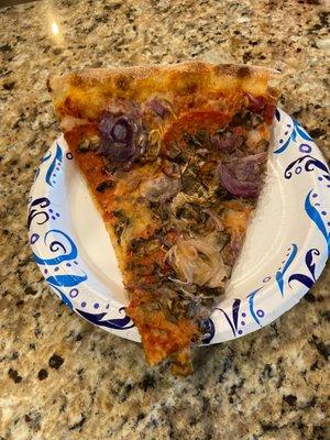 Pepperoni,sausage,red onion and mushroom pizza