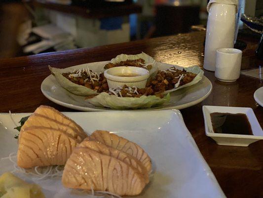 Chicken Lettuce Wraps and 2 orders of lightly seared Salmon Sashimi!