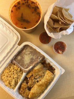 Albondiga soup ($8.75), chips & salsa, and enchilada/tamale plate ($10.95)  IG: @ohmyono