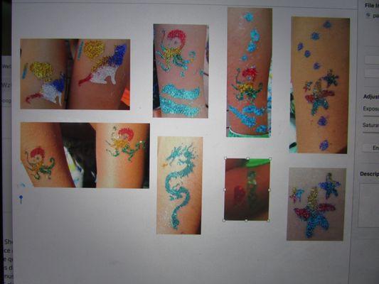 Glitter Tattoos done at Mia's Party that Harry Booked.  One face painting and one dragon are not included.    The kids choose those designs!