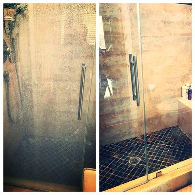 Hard water stains in glass shower door completely removed.