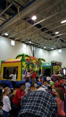 Two bounce houses at the lunch with Santa