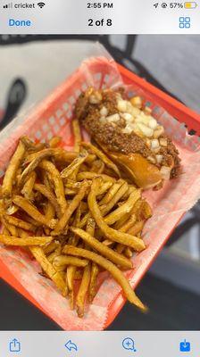 Chili dog and hand cut fries