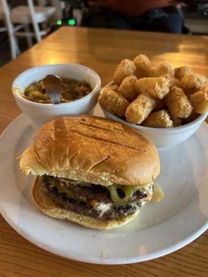 Ballpark burger with chili and tater tots