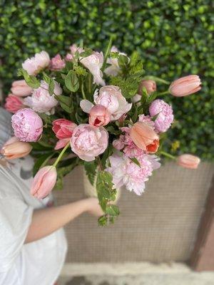 Premium Vase arrangement of Peonies and Tulips.