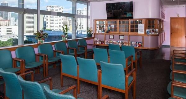 Waiting room with magazines for children and adults.