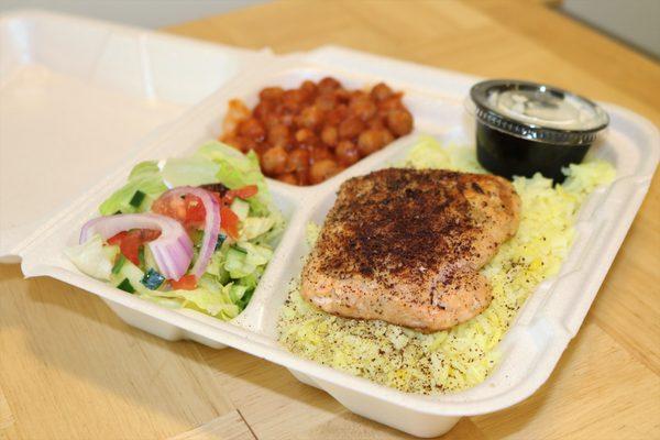 Grilled Salmon Platter with our House side salad & Chickpeas!