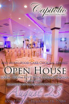 Open House Aug 23.... Doors Open at 6:00pm. Food, Cake tasting will be available..