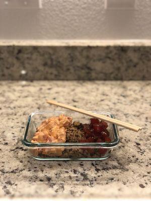 Made my own poke bowl w/ brown rice and quinoa. Half/half; Spicy ahi and oyster sauce