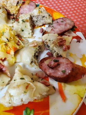 Kielbasa & meat/mushroom/cheese Perogies