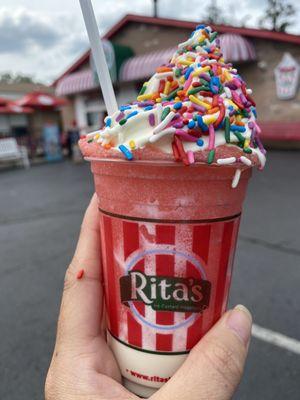 Watermelon and vanilla custard with sprinkles