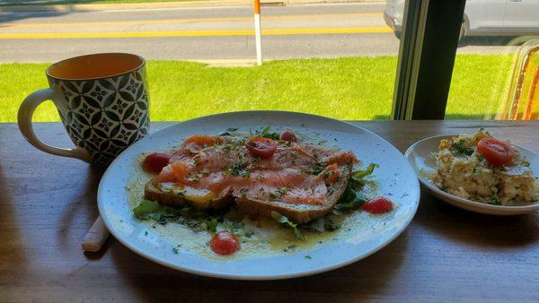 Lox platter with hashbrown casserole and coffee