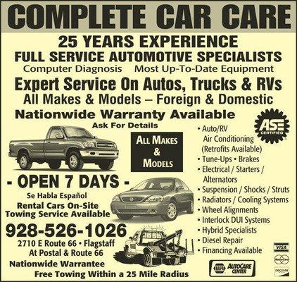 Complete Car Care has been providing quality auto repair in Flagstaff, Arizona for over 30 years.