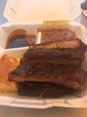 Ribs, cornbread, baked beans