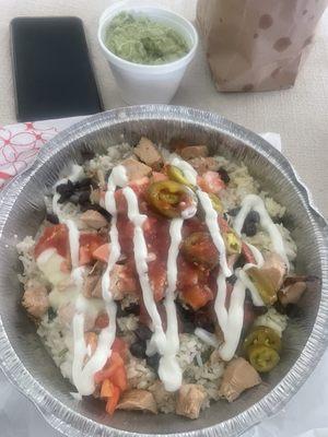 Chicken Burrito Bowl, Guacamole and Chips