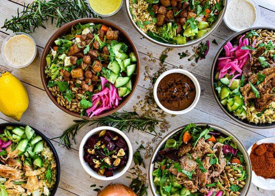 Slow Roasted Chickpea & Potato Hearty Bowl, Dark Chocolate Cashew Pudding, and Slow Roasted Pork Shoulder Garden Bowl