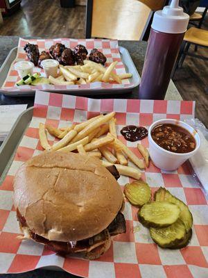 Brisket Sandwhich and fries. Spicy chicken wings and fries.