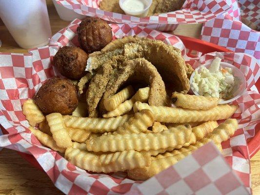 Catfish plate (hushpuppoes, fish, coleslaw, and fries)