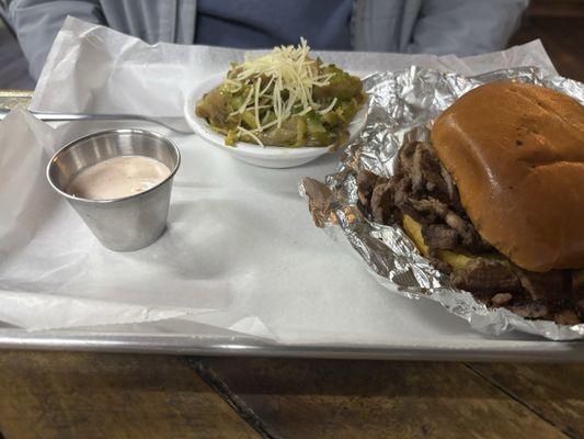 Brisket sandwich and Brussel sprout hash.