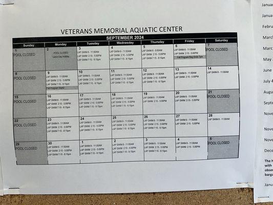 September 2024 pool hours