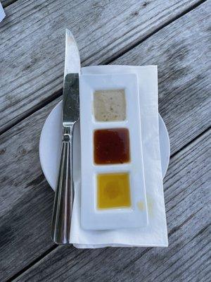 Dipping sauces for my black grill steak - Gorgonzola, Thai chili and clarified garlic butter.