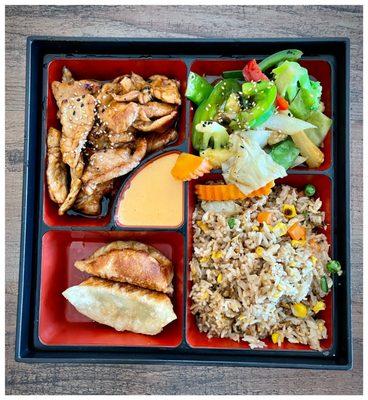 Hibachi chicken, fresh steamed vegetables, pork potstickers, and fried rice!