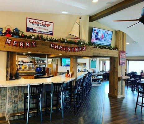 Bar area decorated for Christmas! We are open year around!