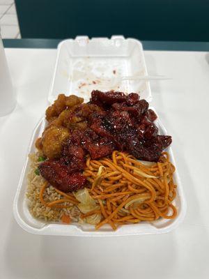 Half and half, orange chicken and bbq pork