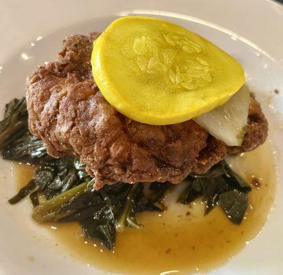 Fried chicken with collards