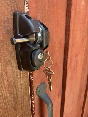 Keyed wooden gate lock installed