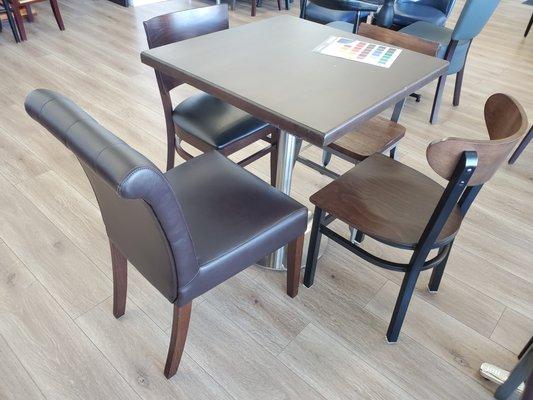 Four restaurant chairs and walnut wood table