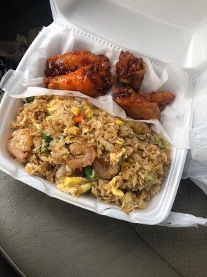 Shrimp Fried Rice and sweet chili wings