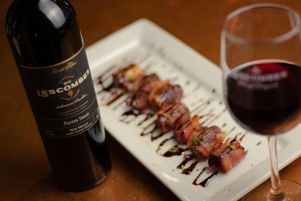 Bacon-Wrapped Dates paired with our Limited Release Petite Sirah