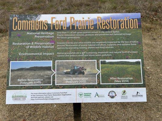 Commons Ford Prairie Restoration info sign in park trail entrance