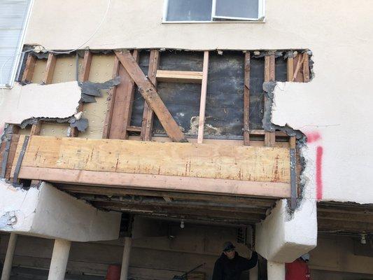 Reinforced framing after finding wood rot and other water damage.