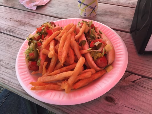 Chicago style dogs with a side of delicious fries